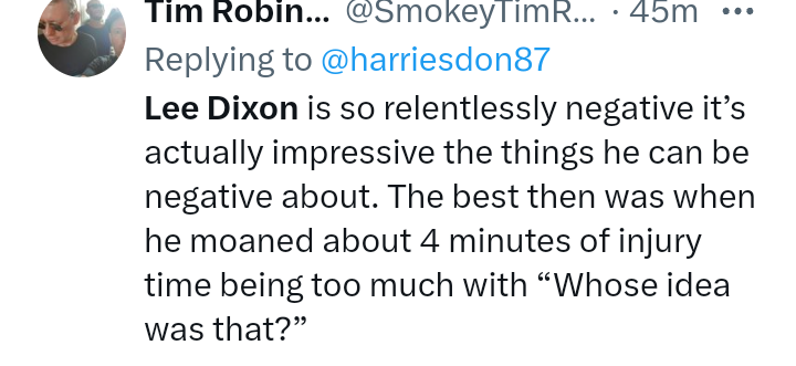 exolablog247's tweet photo. Lee Dixon is trending in the UK because the pundit and commentator is receiving severe criticism for his commentary on ITV's broadcast of England's pre-World Cup match earlier tonight. 

Netizens are accusing the pundit of relentlessly picking apart England's tactical approach and for giving an entirely negative and "joyless" commentary throughout the match against New Zealand.
HN