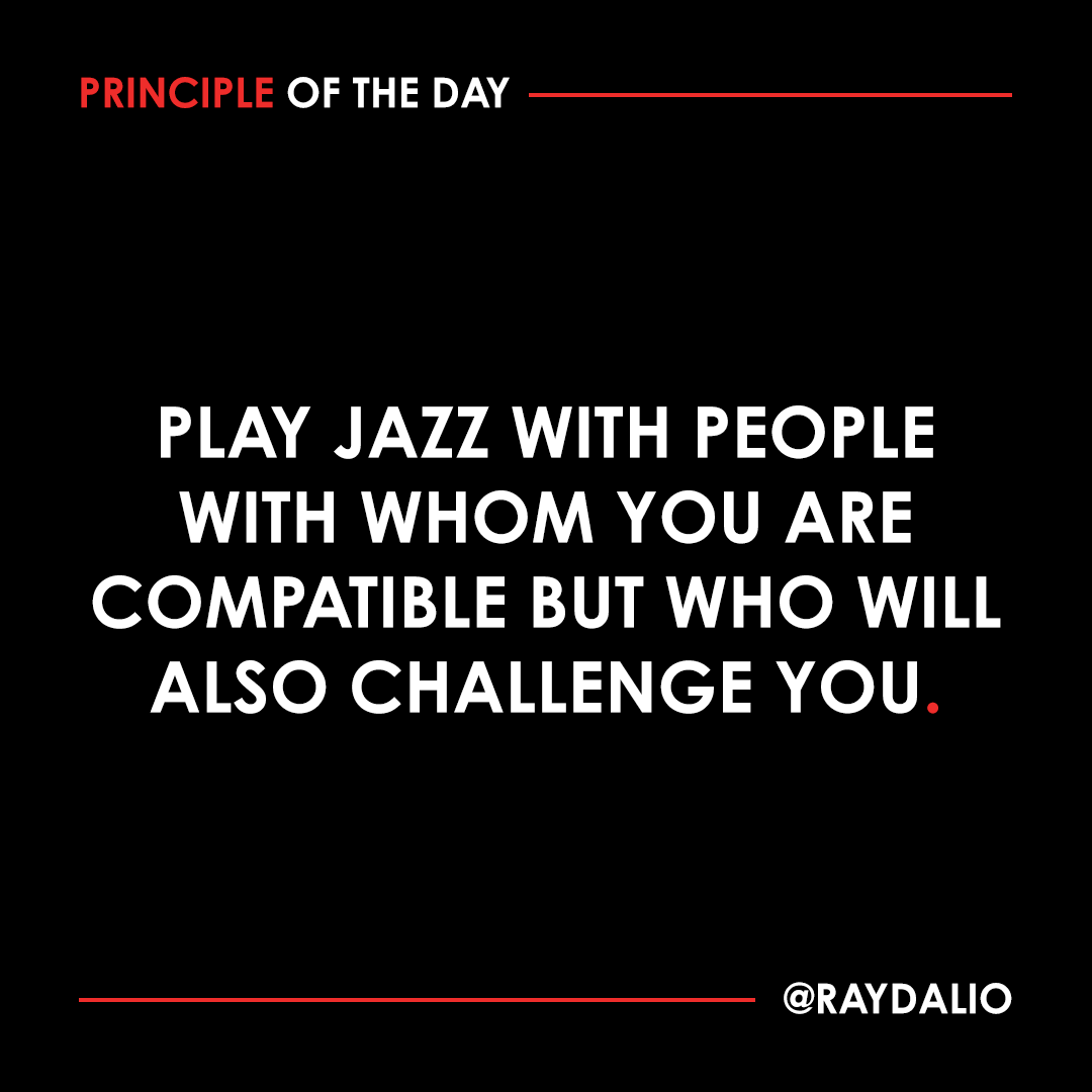 RayDalio's tweet photo. You need people who share your tastes and style but who can also push and challenge each other. The best teams, whether in music, in sports, or in business, do all those things at the same time.

#principleoftheday https://t.co/u0TEkGQNcK