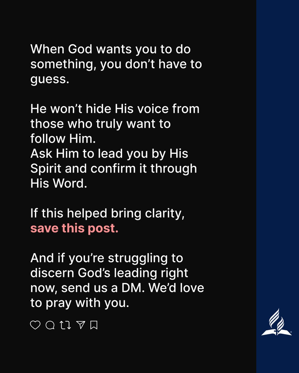 adventistchurch's tweet photo. Not every strong feeling is the Holy Spirit.
God’s Spirit doesn’t rush or confuse you, and doesn't contradict His Word. He brings peace, clarity, and truth.

If you’re unsure about a decision right now, slow down and pray. Ask God to lead you, and trust that He will. https://t.co/ZiZvPedq5r