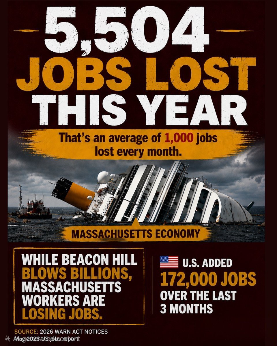 CCAerial's tweet photo. While America added 172,000 jobs in May, Massachusetts has already lost more than 5,500 jobs this year.

That’s nearly 1,000 jobs lost every month under Maura Healey’s leadership. Higher taxes, higher costs, and a hostile business climate are driving jobs out of our state.

What would you expect after our feckless Governor imported half a million illegal immigrants?
