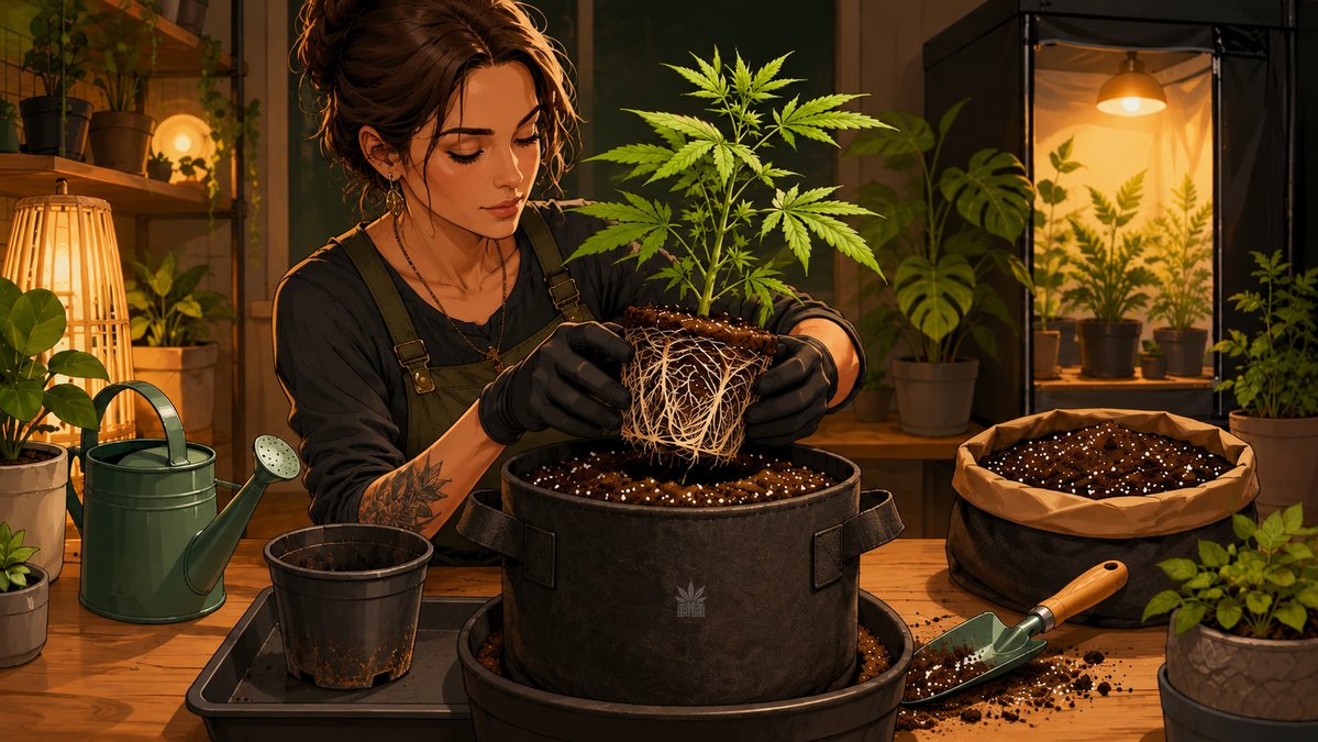MaisonNLB's tweet photo. 🪴🌿 Rempotage & cannabis: offrir à la racine un nouveau territoire

Rempoter, ce n’est pas simplement changer une plante de pot.
C’est lui offrir un volume plus juste, une respiration plus ample, un nouvel espace pour construire ce que l’œil ne voit pas encore: la racine, cette architecture souterraine dont dépend toute la noblesse future de la fleur.
Dans la culture du cannabis, le rempotage intervient lorsque le contenant devient trop étroit, lorsque l’arrosage devient difficile à maîtriser, ou lorsque la plante a besoin d’un volume racinaire plus cohérent avec sa croissance.
Un pot trop petit peut limiter l’expansion des racines, accélérer le dessèchement du substrat, freiner la vigueur et conduire au fameux chignon(nœud) racinaire, où les racines tournent sur elles-mêmes au lieu d’explorer.
Mais l’inverse existe aussi.
Un pot trop grand, trop tôt, peut garder l’humidité trop longtemps autour d’une jeune plante, rendre le dry back moins lisible et fragiliser l’oxygénation racinaire.
Le bon rempotage n’est donc pas une course au volume.
C’est une question de rythme.

🌱 À quoi sert le rempotage ?
Il sert d’abord à accompagner la progression naturelle de la plante.
À chaque étape, le cannabis développe une relation nouvelle avec son contenant: la jeune plantule a besoin d’un espace maîtrisable, la plante en croissance demande davantage de territoire, et la plante avant floraison doit disposer d’un système racinaire suffisamment installé pour soutenir son effort final.
Un rempotage bien pensé permet d’améliorer la stabilité de l’arrosage, de renouveler ou compléter le substrat, d’éviter la restriction racinaire et de donner à la plante une base plus saine avant les phases décisives.
Il ne remplace pas une bonne culture.
Il la prépare.

🧤 Comment faire correctement ?
La règle la plus importante est la douceur.
On rempote de préférence une plante saine, en croissance active, avec une motte suffisamment structurée pour se tenir, mais pas encore totalement étouffée par les racines.
Le nouveau pot doit être préparé avant le geste: substrat légèrement humidifié mais assez sec pour sortir du pot sans problèmes, structure aérée, drainage efficace, profondeur adaptée. La plante est sortie sans tirer sur la tige, en préservant la motte autant que possible grâce à un mouvement léger de rotation pour retourner le pot, puis installée dans son nouveau contenant à un niveau cohérent.
Après le rempotage, le premier arrosage doit aider le substrat à épouser les racines, sans noyer la plante.
L’élégance du geste tient là: accompagner le choc, sans l’amplifier.
Car un rempotage est toujours une transition. Même lorsqu’il est bien fait, la plante doit retrouver ses repères, relancer ses racines, réhabiter son espace.

✨ Anecdote: quand la science a mesuré le pouvoir du pot
Une méta-analyse menée sur 65 études en biologie végétale a montré qu’en moyenne, doubler le volume d’un pot pouvait augmenter la biomasse produite de 43 %.
Ce chiffre est fascinant, mais il ne signifie pas qu’il faut toujours choisir le plus grand contenant.
Il rappelle plutôt une vérité plus fine: restreindre la racine, c’est parfois restreindre toute la plante.
Le pot, que l’on croit secondaire, gouverne en silence la photosynthèse, la croissance, l’eau disponible, la nutrition et l’équilibre général.

🧾 Rempotage & Qualité
Une culture d’exception ne consiste pas à pousser la plante plus vite, mais à lui offrir, au bon moment, les conditions justes pour exprimer sa matière.
Un pot adapté.
Un substrat cohérent.
Un drainage propre.
Une main précise.
Le luxe agricole commence souvent dans ce moment discret où l’on déplace une plante sans la brusquer, pour lui permettre de devenir pleinement elle-même.