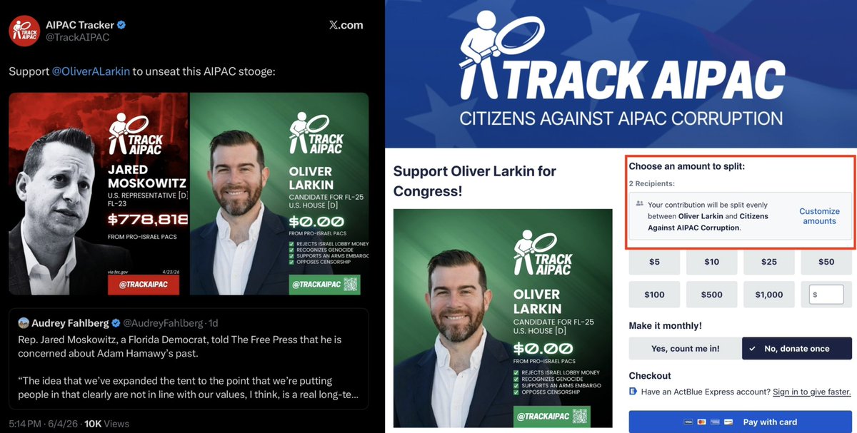 cwebbonline's tweet photo. TRACK AIPAC’S MASSIVE CONFLICT OF INTEREST

You would think an investigative reporter would’ve picked up on this by now, but I haven’t seen it.

Track AIPAC isn’t a neutral watchdog. They’re a PAC with their own fundraising machine, pushing sloppy, misleading graphics and calling it “accountability.”

Let’s break this down.

They fundraise off every candidate they greenlight. While posting false numbers about their opponent. That’s a conflict and corrupt AF!

If you hit the donation tab on their website, for their supported candidates, it defaults to a split donation to Track AIPAC’s own PAC: Citizens Against AIPAC Corruption.

More on Track AIPAC’s side-PAC in the 🧵