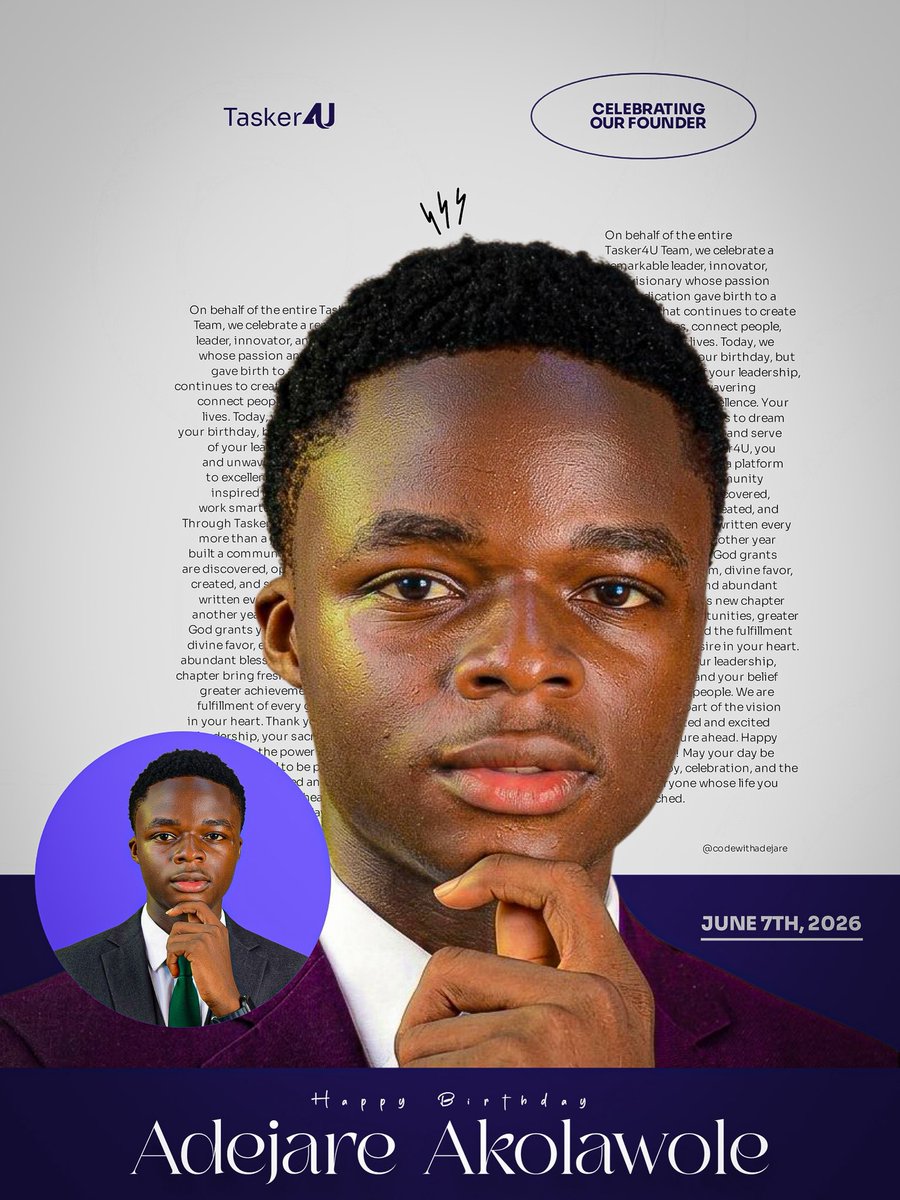 codewithadejare's tweet photo. As I add another year today, I’m grateful for how far God has brought me.

Looking back, I’ve gone from being a young programmer with big dreams to becoming a founder, builder, and technology leader committed to solving real problems through innovation.

Over the years, I’ve had the privilege of:

• Serving as a Tech Lead and working with businesses to deliver technology solutions.

• Founding Chavings Systems and building products from the ground up.

• Creating Tasker4U , a platform designed to connect people with trusted service providers and create opportunities for thousands.

• Building and leading teams across technology, operations, design, and business.

• Launching Chavica, another step toward my vision of creating impactful digital products that solve everyday challenges.

• Helping businesses and individuals bring their ideas to life through software.

• Growing communities and personal brands around technology and innovation.

The journey has been filled with wins, failures, lessons, risks, late nights, uncertainty, and persistence. There were moments when things didn’t go as planned, but every challenge helped shape the person I’m becoming.

Today, I celebrate growth. I celebrate resilience. I celebrate the courage to keep building even when the path isn’t clear.

The mission remains the same: build products that matter, create opportunities for others, and leave a lasting impact through technology.

I’m still just getting started.

Happy Birthday to me.
