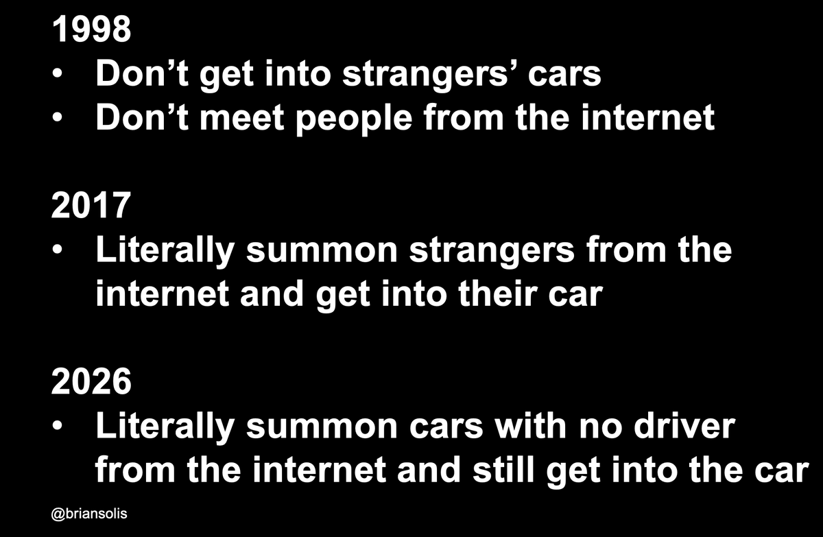 briansolis's tweet photo. 1998
• Don’t get into strangers’ cars
• Don’t meet people from the internet

2017
• Literally summon strangers from the internet and get into their car

2026
• Literally summon cars with no driver from the internet and still get into the car https://t.co/xCau0nJ2wX