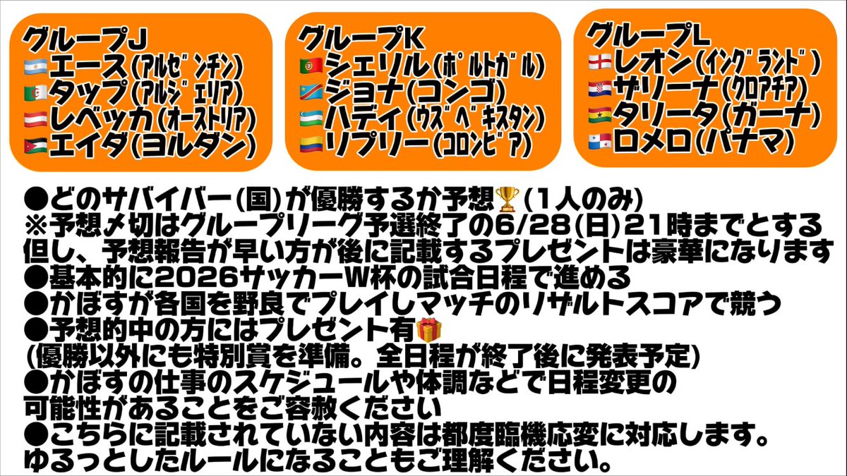 kabosuyt's tweet photo. 【イベント告知】拡散希望
『2026DBD⚽️W杯』を開催することにしました！！(勝手に)
期間は本物のW杯開催期間と同じでロングスパンです！6/11〜7/20
思い付きの見切り発車な企画ですが予想をしてW杯期間はサッカーとDBD両方楽しんでください🔥

添付のルールをご確認の上、予想はこちらのコメント欄かディスコードかぼすの部屋の「DBD⚽️W杯優勝サバイバー予想」の方へ以下の要領でコメントください📝
例→サバイバー名、自分の名前(ドワイト、かぼす)
予想的中者にはプレゼントあります🎁
参加資格者はXかディスコードのフォロワーのみ⚠️

サッカーもDBDも楽しむぞー！！

#dbd 
#FIFAWorldCup