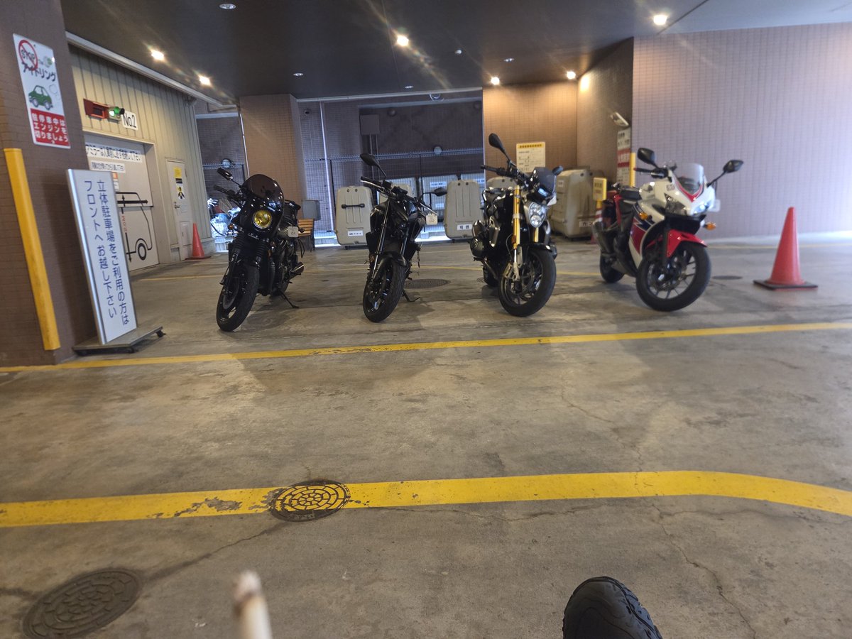 ganocchi's tweet photo. ホテルのバイキングで朝飯を済ませた後、バイク置き場にベンチがあったのでそこで愛車を眺めながら一服。
昨夜バイクは俺が一番乗りだったが後から来たのか数台並んでおった。
俺のエリミが一番古いのは間違いないが、こう見てもいっちゃんカッコいいぞ…と、バイク乗りなら誰もが自分のバイクにそう思う。
さて、午後には地元の方も雨予報だし、降られる前に帰宅するべく後は坦々と高速使って帰るのみ。
ちなみに朝ご飯食べたけど革パンは締まってくれてよかったよかった。
