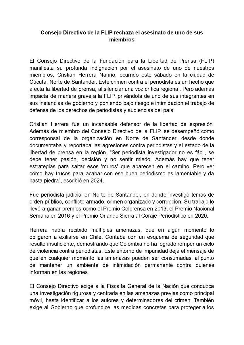 FLIP_org's tweet photo. El Consejo Directivo de FLIP manifiesta su profunda indignación. Este crimen “impacta de manera grave a la FLIP, privándola de uno de sus integrantes en sus instancias de gobierno y poniendo bajo riesgo e intimidación el trabajo de defensa de los derechos de periodistas y audiencias del país".

https://t.co/bysVdWndn8