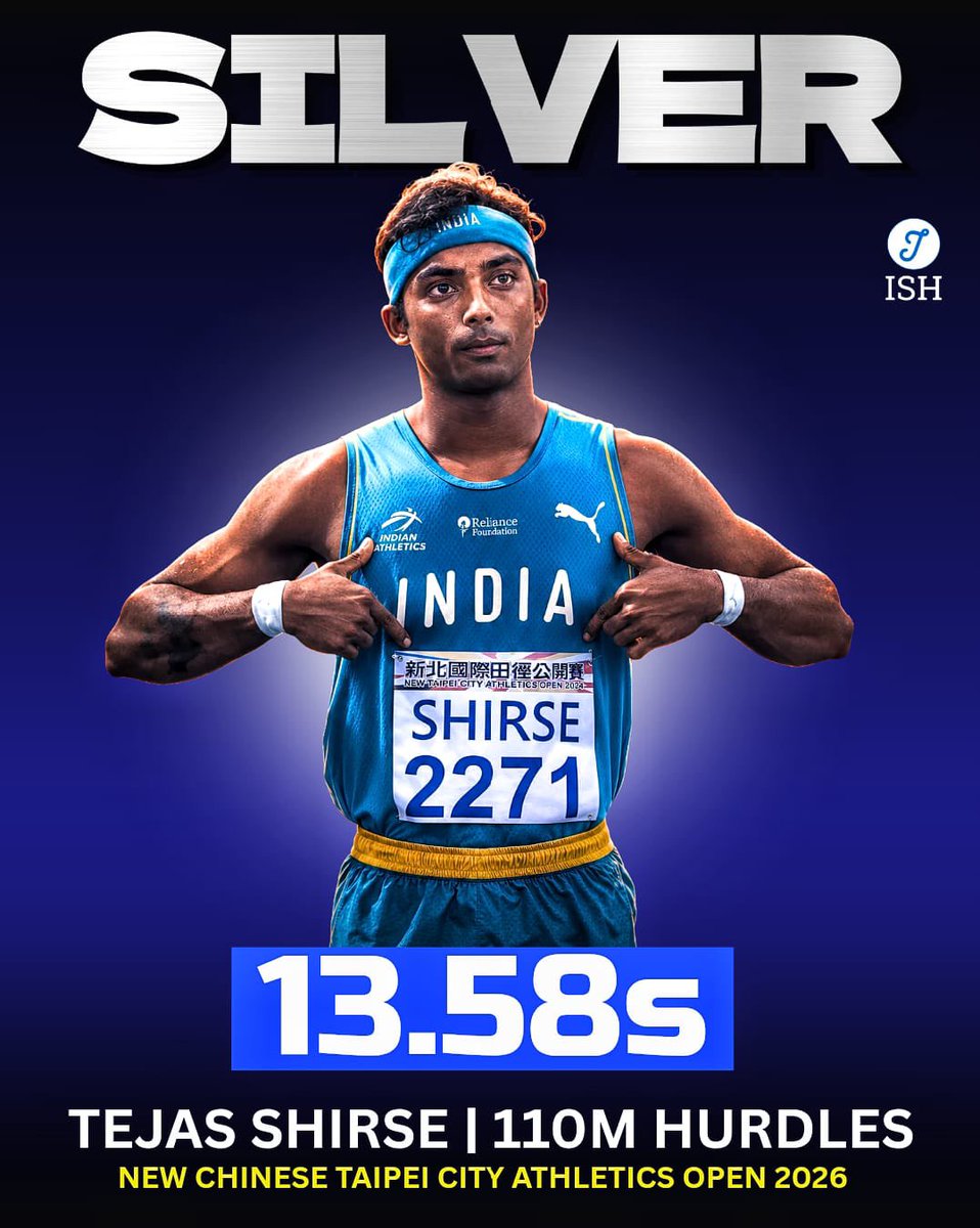 IndiaSportsHub's tweet photo. 🥈 SILVER FOR TEJAS SHIRSE! 🇮🇳

Tejas Shirse clocks 13.58s to finish 2nd in the Men’s 110m Hurdles at the New Chinese Taipei City Athletics Open 2026.

🥈 Silver Medal
⏱️ 13.58s
📍 Chinese Taipei

A good performance and more valuable ranking points for the Indian hurdler. 🇮🇳⚡

#TejasShirse #IndianAthletics #110mHurdles #Athletics #TrackAndField #IndiaSportsHub #SilverMedal