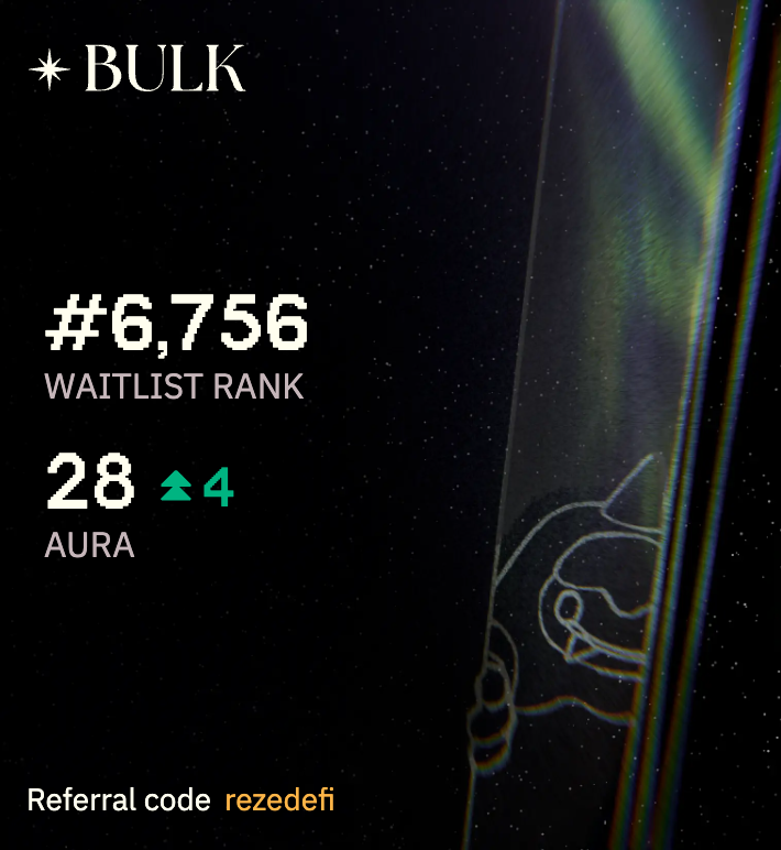 RazeDeFi's tweet photo. No aura?

Use code 'rezedefi' to start auramaxxing and move up the @bulktrade mainnet waitlist https://t.co/90i7CccIPb https://t.co/DjMPnRaNN7