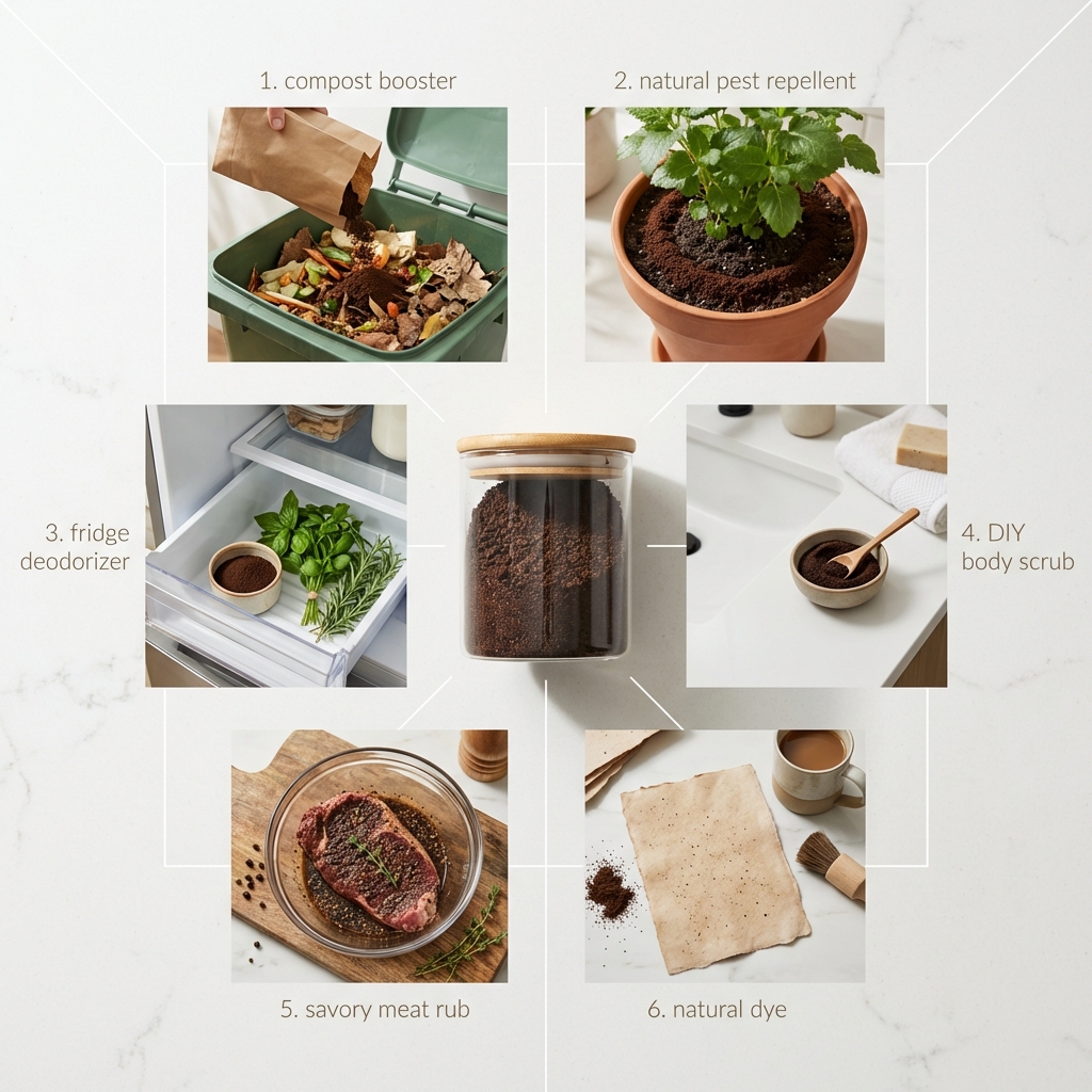 MDusett's tweet photo. Wasted coffee grounds? Think again! Repurpose them to enrich compost, repel pests, freshen the fridge, exfoliate skin, flavor marinades or dye paper. Just stash spent grounds in a sealed jar for quick DIY fixes. Check out these clever uses: https://t.co/Oq4wlnU2hm https://t.co/cruggxAyMO