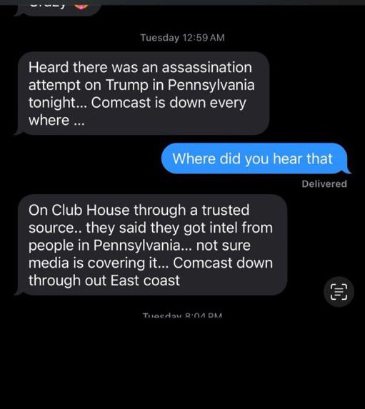 TheRubberDuck79's tweet photo. ⁉️HOW DID INFILTRATORS FROM THE CLUBHOUSE APP HAVE ADVANCED KNOWLEDGE OF THE ASSASSINATION ATTEMPT ON DONALD TRUMP FOUR DAYS BEFORE IT HAPPENED⁉️

👉🏼 it was made public in a Twitter Space at 1:45 AM on July 9, 2024.

👉🏼 the dm chat to the right is from the spacehost mentioned in the video below - to prove the source was not her.

this was reported and made public by anons but never once mentioned by the mainstream media or any influencers - not one. ever.

.@JudicialWatch .@TomFitton .@kevincorke .@JesseBWatters .@RandyRRQuaid .@laralogan .@RealJamesWoods