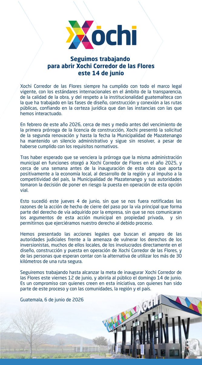 prensa_libre's tweet photo. #AHORA  | Xóchi se pronuncia sobre cierre del proyecto, a días de su inauguración, por parte de la Municipalidad de Mazatenango

Además, presentó acciones legales y explicó que en febrero solicitó la renovación de la autorización correspondiente, pero aún no ha sido respondida https://t.co/W3HP2gV8rY