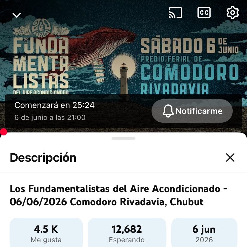 CheDataAR's tweet photo. Los Fundamentalistas del Aire Acondicinado transmitirían su show desde Comodoro Rivadavia, Chubut por YouTube 

Ya hay mas de 12K personas esperando https://t.co/h6H0JTOzN4