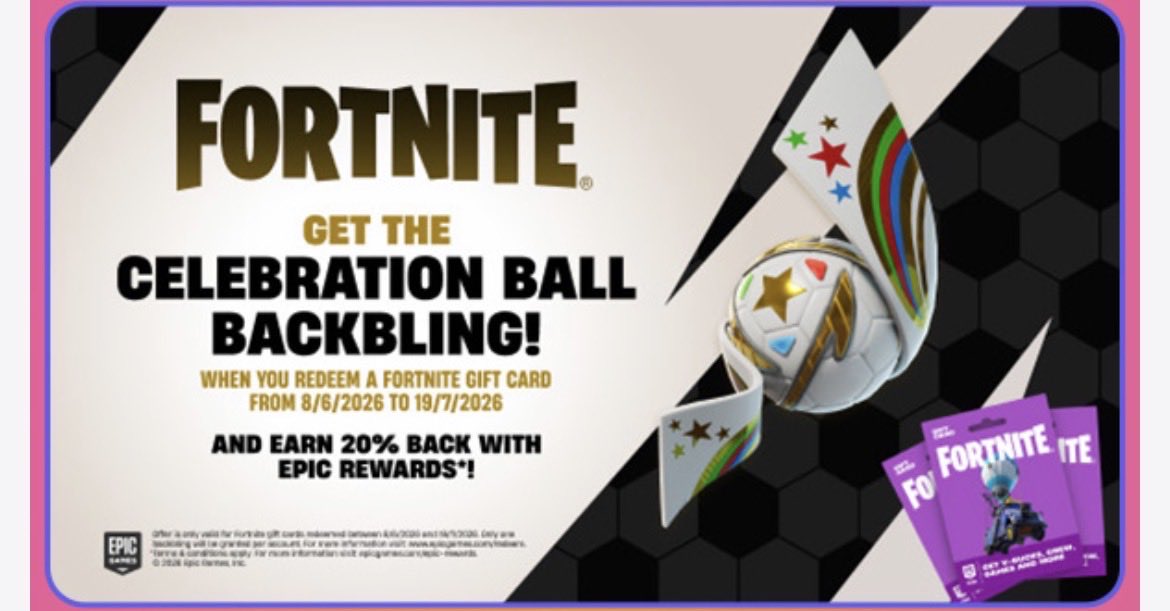 SentinelCentral's tweet photo. Players who redeem a Fortnite Gift Card will soon receive the Celebration Ball Back Bling in #Fortnite ⚽️

Purchase one between June 8th and July 19th, and the reward should be granted within a few days. 

(@EBGamesAus, @JollyRogga) https://t.co/XzzYXLRpY7