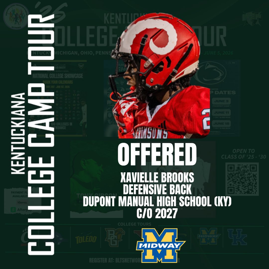 blts_network's tweet photo. Midway University OFFERED!!

Congratulations young man and keep up the great work!

@xavielle_brooks 
C/O '27
Defensive Back
@dupontmanualfb (KY) 

@CoachEckloff @KamSmith_24 @PTP_Sports @FadellJr @midway_sprint @OfficialBCos 

#BLTSN #BLTSNetwork #CollegeCamp #DreamBig https://t.co/oVY6EmYNK3