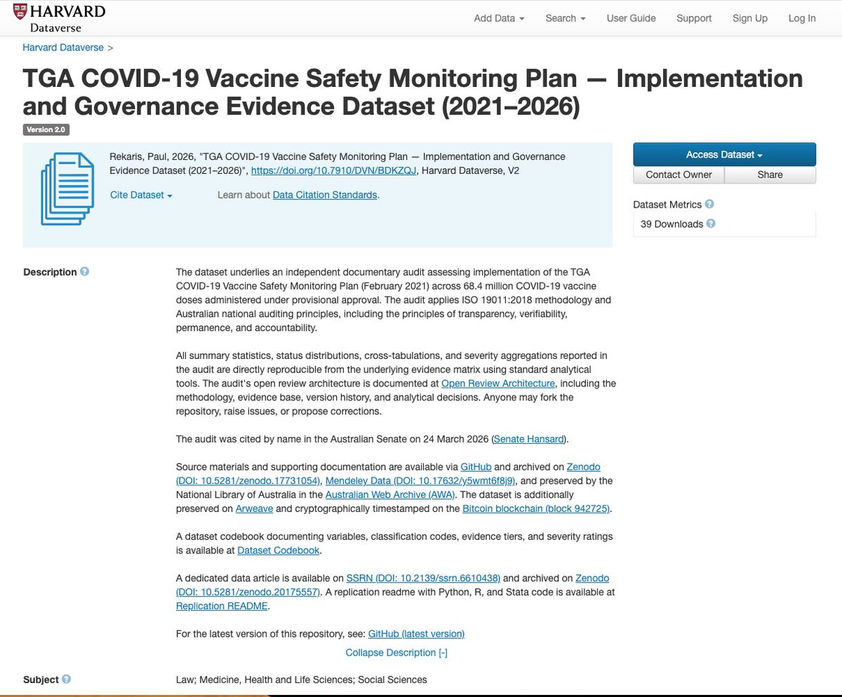 prekas23's tweet photo. Four years ago I started independently auditing Australia's COVID-19 vaccine safety monitoring framework using FOI, parliamentary records, and public sources. No institution. No funding. 

The dataset is now archived at Harvard Dataverse: https://t.co/wJX5IRPmrm

Preprints available on SSRN: Audit report: https://t.co/vBQ5AFDx06 

Dataset and methodology paper: https://t.co/lPBqZwjjsb

The governance paper is currently under peer review at an international governance journal.

The findings were cited in the Australian Senate.

Independent research without institutional support is possible. It just takes a problem worth solving, the right methodology, and persistence.

@HarvardDV 

#OpenScience #OpenData #ResearchIntegrity #Pharmacovigilance
