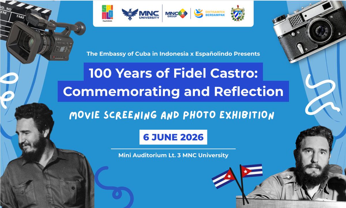 EmbaCuIndonesia's tweet photo. Ayer la Embajada de Cuba con la colaboracion de la organización indonesia Españolindo y la Universidad MNC en Yakarta, conmemoró el Centenario del Comandante en Jefe,Fidel Castro Ruz,coincidiendo con el 125 Aniversario del nacimiento de Sukarno,Lider histórico de Indonesia. https://t.co/aUrAd9e6Jv