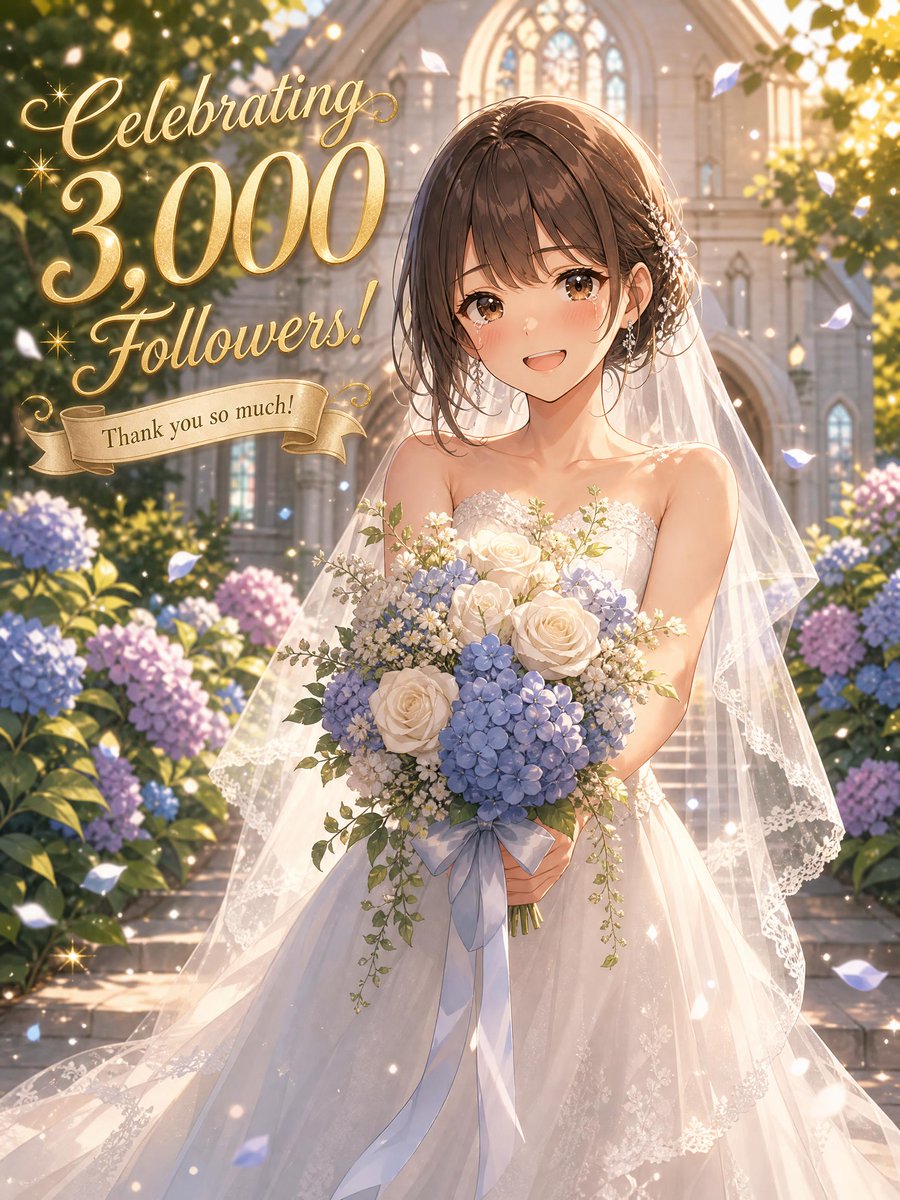 AiLee86600's tweet photo. 🎉祝・フォロワー様3,000人到達！いつもたくさんの愛をありがとうございます 🕊️💍✨
「……3,000人、本当にありがとう！みんなが私を、世界一幸せな花嫁にしてくれましたっ」

皆様の温かい応援のおかげで、当アカウントはついに【フォロワー様3,000人】という大きな節目を迎えることができました！5月後半に2,000人を突破してから、まさかこんなにも早くこの日を迎えられるなんて、嬉しさと感謝で胸がいっぱいです。

今夜は6月のジューンブライドにちなみ、純白のウエディングドレスに身を包み、嬉し涙を浮かべながら満面の笑みでアジサイのブーケを届けてくれる志穂ちゃんをお届けします。
彼女の弾けるような笑顔とまばゆい光は、皆様と一緒に歩んできたきらめく軌跡そのものです。

「ここから始まる新しい季節も、ずーっと私の隣にいてね？」
皆様への特大の感謝と愛を込めて。これからも皆様の心を動かす素敵なイラストをたくさんお届けしていきますので、変わらぬ応援をよろしくお願いいたします！

🎉Celebrating 3,000 Followers! Thank you so much for all your love! 🕊️💍✨
"Thank you for 3,000 followers! You've made me the happiest bride in the world!" Thanks to your incredible support, we've reached this amazing milestone so quickly. Dressed in a pure white wedding dress with tears of joy, Shiho brings you a bouquet of June hydrangeas with her brightest smile. "Please stay by my side in this new season too, okay?" Sending you my deepest gratitude!

いつも本当にありがとうございます！お祝いの「いいね」や「リプ」をいただけたら、志穂ちゃん共々最高にハッピーです。💖
これまでの全作品アーカイブは、プロフィールのリンク（pixiv）からたっぷりお楽しみいただけます。🎨🌠