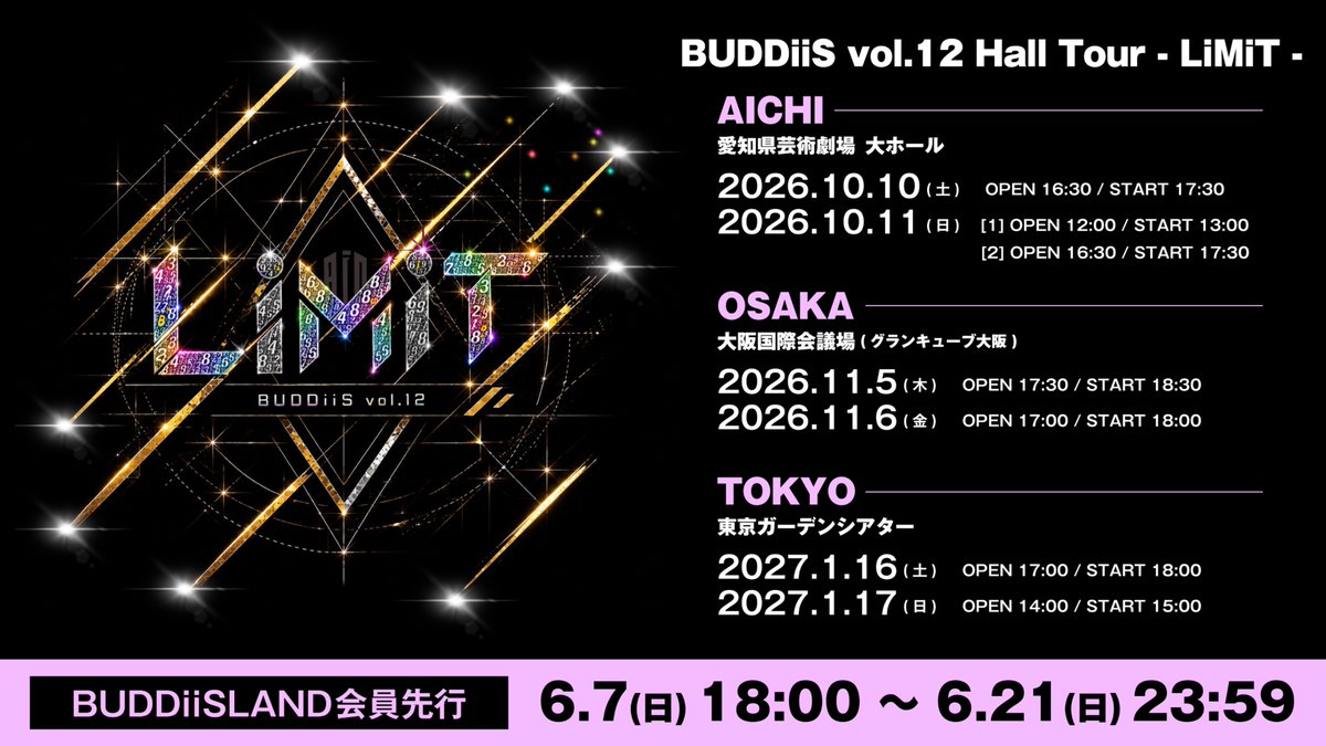 buddiis's tweet photo. ／
「BUDDiiS vol.12 Hall Tour - LiMiT -」
BUDDiiSLAND先行受付開始🌟
＼

【受付期間】
6⽉7⽇(日)18:00〜6⽉21⽇(日)23:59

皆さまぜひお申し込みください！🎫

🔻詳細はこちら
https://t.co/Z4H5pkDe01

#BUDDiiS_LiMiT #BUDDiiS #バディ https://t.co/qp823UkpbT