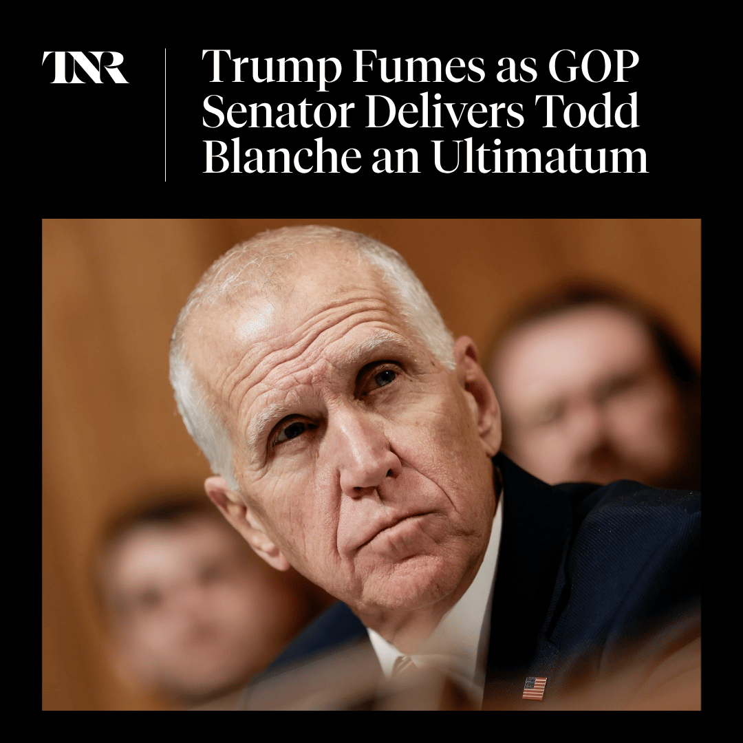 newrepublic's tweet photo. President Trump is incensed by outgoing Senator Thom Tillis’s refusal to support Todd Blanche’s nomination for attorney general until he disavows January 6 insurrectionists.

Tillis is 1 of only 3 Republicans who have publicly expressed their disapproval. https://t.co/DGoqBwq00q https://t.co/3kJGsgWoy0
