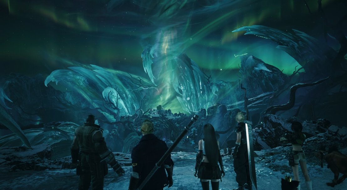 Strifelol's tweet photo. I think the reason Vincent is missing here, is because he's probably scouting the area ahead of them and was split off from the group. I think he rejoins them later into them getting closer to the bottom of the crater as shown in the trailer and his solo scenario. You can see the black whispers flying around him, Cloud and the rest of the group. I think this is when Cloud is going to give Sephiroth the Black Materia and Vincent tries to sprint towards Sephiroth and Cloud to intervene.