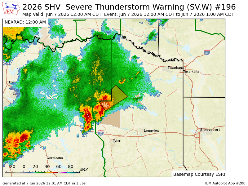 docdeason's tweet photo. SHV issues Severe Thunderstorm Warning [wind: 60 MPH (RADAR INDICATED), hail: 1.00 IN (RADAR INDICATED)] for Camp, Franklin, Titus, Wood [TX] till Jun 7, 1:00 AM CDT https://t.co/9gxaeUJSaM https://t.co/tPV85PuoUc