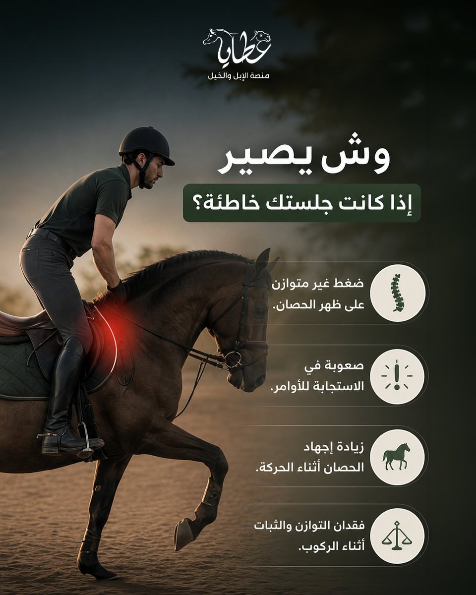 AtayaPlat's tweet photo. وش يصير إذا كانت جلستك خاطئة؟
كابشن:
قد تعتقد أن المشكلة في الحصان... لكن الحقيقة أن جلستك قد تكون السبب الرئيسي!
❌ ضغط غير متوازن على ظهر الحصان
❌ صعوبة في الحركة والانسيابية
❌ مقاومة للأوامر والاستجابة
❌ إجهاد أسرع للحصان أثناء التدريب
#ركوب_الخيل #فروسية #تعليم_الفروسية https://t.co/6FdOkxKHWd