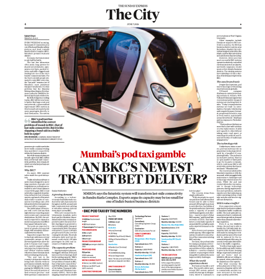 RitikaChopra__'s tweet photo. BKC's last-mile problem has stumped Mumbai for years. MMRDA thinks pod taxis (small automated cabins gliding above traffic) are the answer. 

But the math gives experts pause: at full capacity, the system moves 48K people a day. BKC sees up to 6 lakh. 

Is this a genuine transit solution or an expensive experiment that solves too little? @sabahvir asked experts:
 https://t.co/wLOnX6hcZr via @IndianExpress