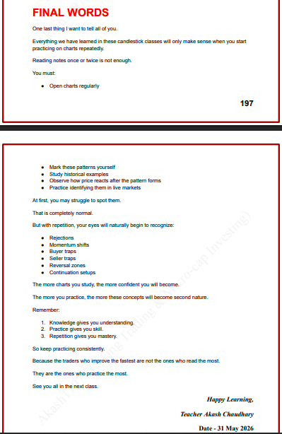 Akash17971's tweet photo. Class No. 16 & Class No. 17 Uploaded Together ✅🔥📈

A couple of months ago, I took an initiative to teach the stock market completely FREE, starting from the absolute basics and gradually moving towards advanced concepts. I wanted to create something that could genuinely help people who are serious about learning but may not have access to expensive courses.

I am extremely happy to say that this initiative has been going very well.

With the completion of Class No. 17, we have now crossed more than 200 pages of educational content in our PDF series. What a journey it has been so far! 🔥

Over these months, many people have messaged me personally and shared how much these classes have helped them. Many are learning consistently, becoming more confident, improving their understanding of the markets, and growing as investors and traders.

Nothing gives me more happiness than seeing people benefit from something that is created with genuine love and passion. When you do something without expecting anything in return and then see others grow because of it, the satisfaction is truly unmatched.

Class No. 17 also marks the completion of the Candlestick Pattern section. We have now covered this topic in great depth, from basic patterns to advanced multi-candlestick formations.

The journey, however, is far from over.

From the next classes onwards, we will move into one of the most important topics in Price Action Trading — Support & Resistance.

Not only will we cover the basics, but we will also dive deep into advanced concepts related to support and resistance that can provide a significant edge in trading as well as investing.

And remember, we have only just started Price Action.

There is still a lot left to learn, and throughout 2026, I plan to teach every important aspect of the stock market in a structured manner so that anyone following these classes seriously can build a strong foundation and eventually become an independent investor and trader.

If you want to learn Price Action from scratch to an advanced level and access all the PDFs and future classes in a proper sequence, you can join our Telegram group using the link given below.

https://t.co/wEANrwHdQQ

Read. Learn. Practice. 📊📈

Because knowledge alone is not enough - consistent practice is what creates results 💚

Thank you everyone for your trust, patience, support, and love.

Let's continue this journey together. ❤️