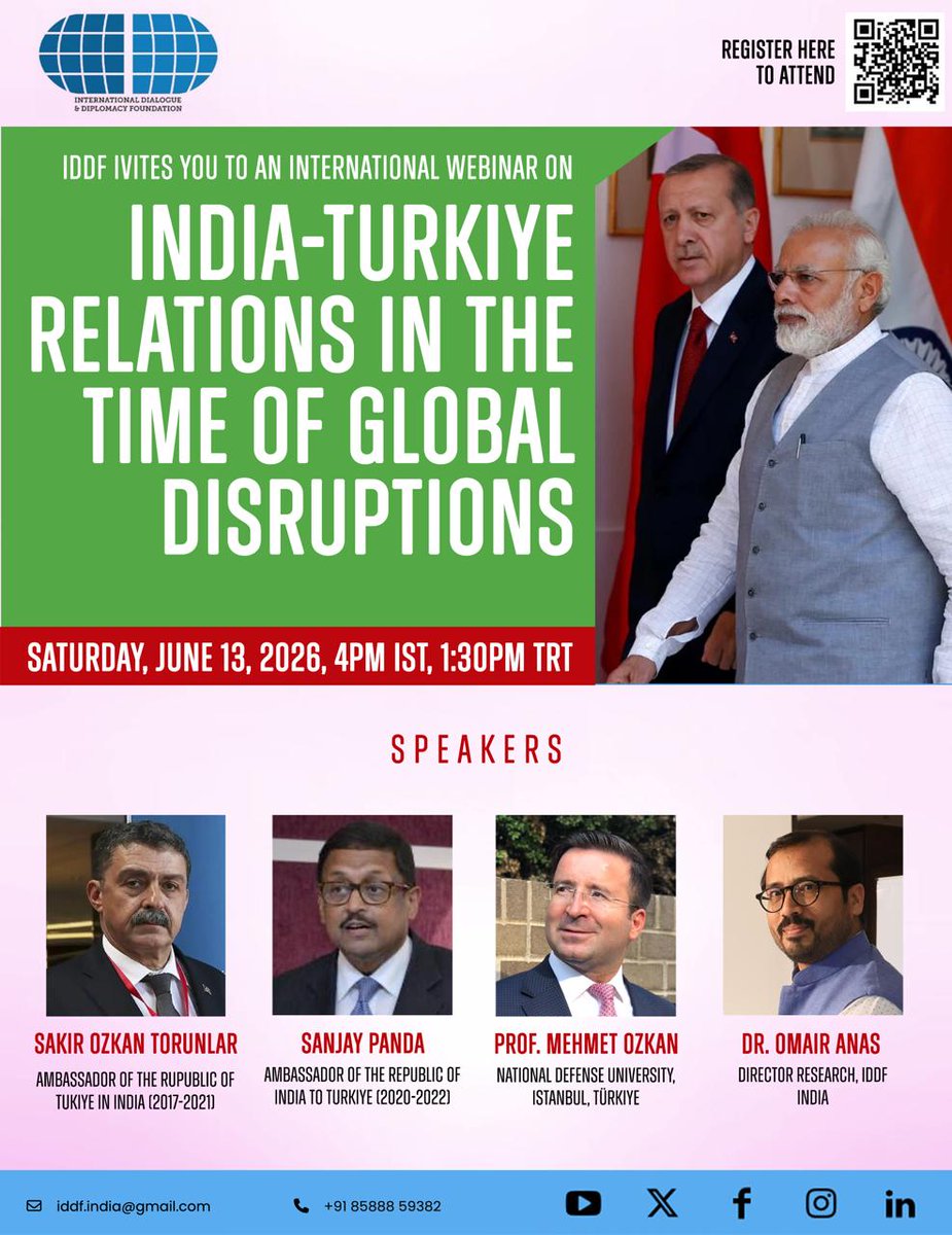 IddfIndia's tweet photo. IDDF India invites you to join our latest webinar on the complex relations between India and Türkiye and their  bilateral merits and geo strategic contexts. Former Turkish and Indian ambassadors Şakir Özkan Torunlar, Sanjay Panda, and academicians Prof. Mehmet Özkan and Dr. Omair Anas will discuss the subject. 

Date 14 June Saturday at 4:00 PM Indian Time, 1:30 Turkish Time. 

Please register or email  iddf.india@gmail.com