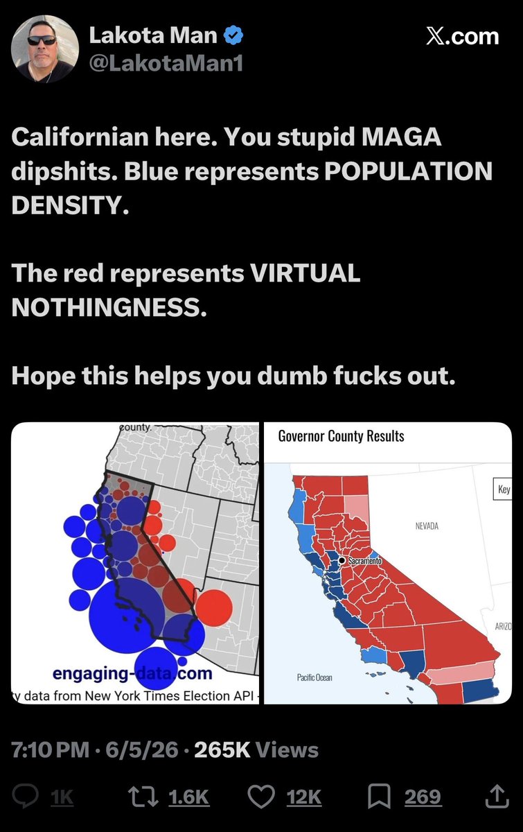 OptimusP72x's tweet photo. @LakotaMan1 (This acct is managed by a white liberal soyboy, fyi) .. “Lacota man” is retarded as fuck. EVERYONE knows the photo on the left is population density. The one on the right is county voting habits.  And on top of that, he turns off comments on his posts  due to one of two possible reasons.  He knows he’s going to get RATIO’D on his post, or he is getting obliterated on his posts.. 

He’s X’s biggest pussy, barely edging out @TheBrianShapiro and the twin soy boys, @krassenstein & @EdKrassen