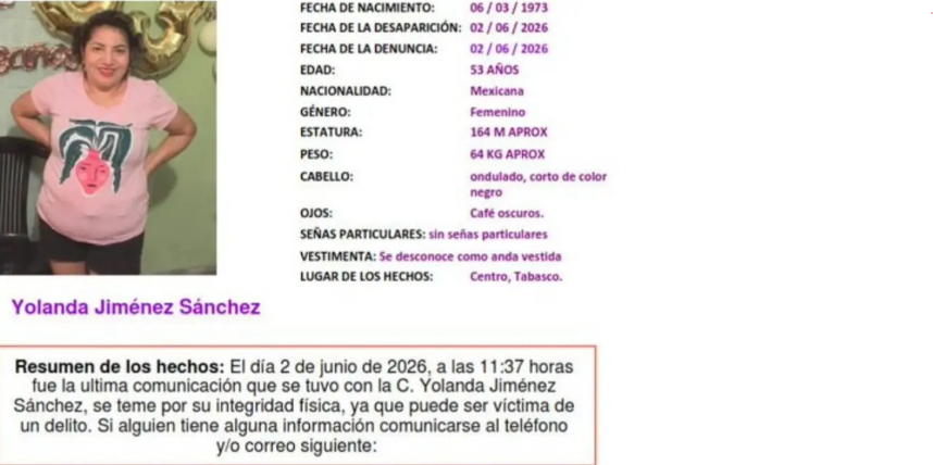 RaulGtzNR's tweet photo. 🚨 Se busca a Yolanda Jiménez Sánchez, 53 años.  

Salió a buscar trabajo y ya no regreso...

Desapareció el 2 de junio en Villahermosa, Tabasco.  
Salió de Playas del Rosario rumbo al mercado Pino Suárez para una entrevista laboral.  

Ayúdanos a compartir... 

#Desaparecida #Tabasco #Seguridad