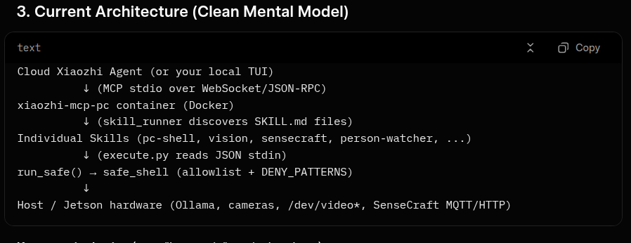 Dizmal_One's tweet photo. I'm building a private edge AI nervous system to give the agent real senses and safe action while keeping the host protected.

So far so good, but kinks to work out yet.

A secure MCP bridge that lets a Xiaozhi-Watcher agent safely perceive and control my Jetson + Watcher hardware from within a heavily sandboxed environment (shell execute, list directories, read/write files, give system info, notifications, calculate memory and use local LLM queries with strict allowlist).

Using custom .tflite models running directly on the Watcher’s AI chip then feeding structured events back to the agent.

A private edge AI agent that can see (via camera + your .tflite models), act (safe shell + vision ), and reason (local Deepseek or cloud Xiaozhi).

You can talk to it via voice on the Watcher or through the dashboard/TUI.

It stays sandboxed so only the commands you explicitly allow.