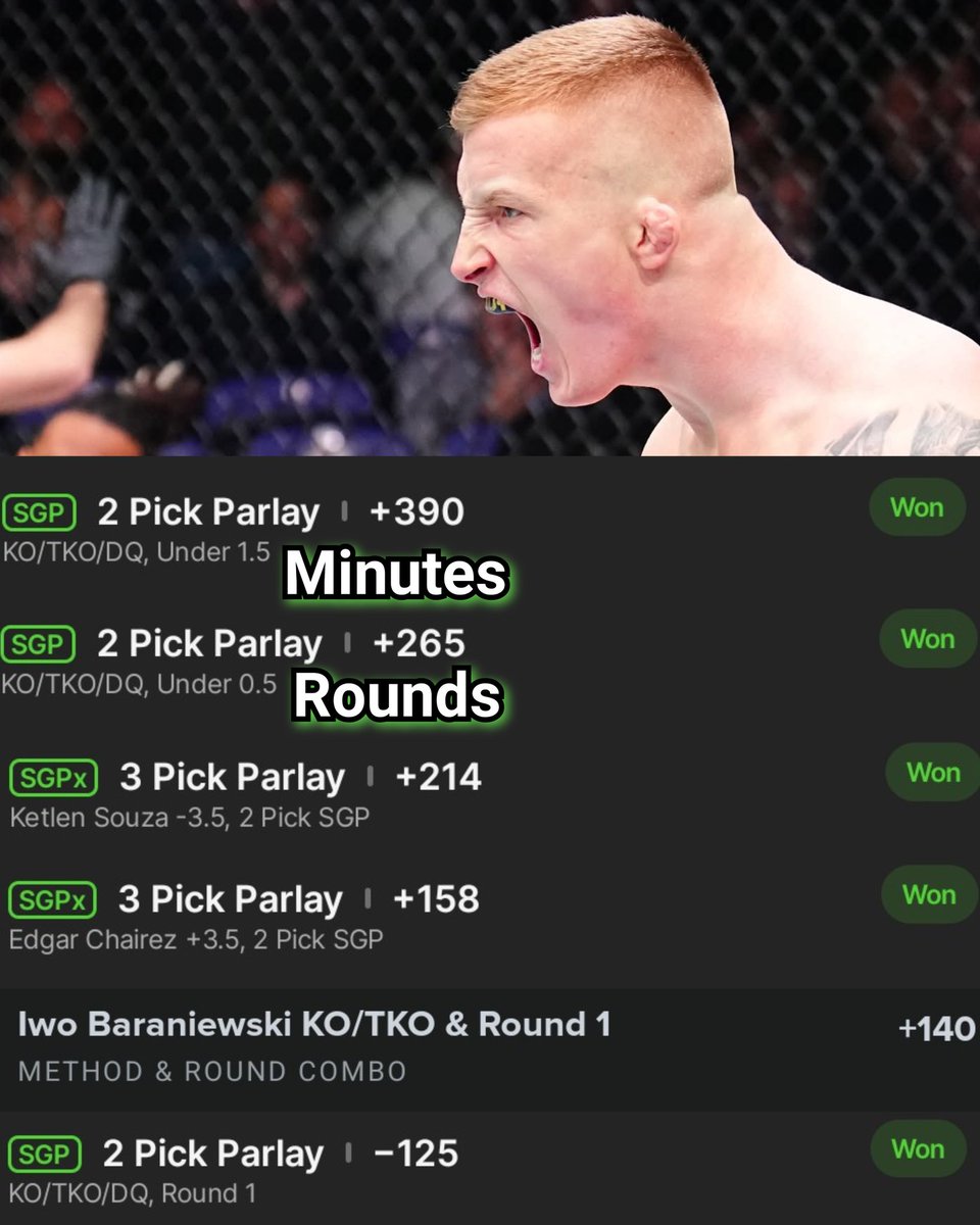 MMAzing_bets's tweet photo. We hit the under 1.5 minute SGP again at +390 odds with Iwo!!

I wish we got to see more from Iwo but Tafa did nothing to address calf kicks....another parlay leg hits and we keep going!

#UFC #MMA #UFCVegas118 #Freedom250 #alexpereira https://t.co/yByscbI1Fh