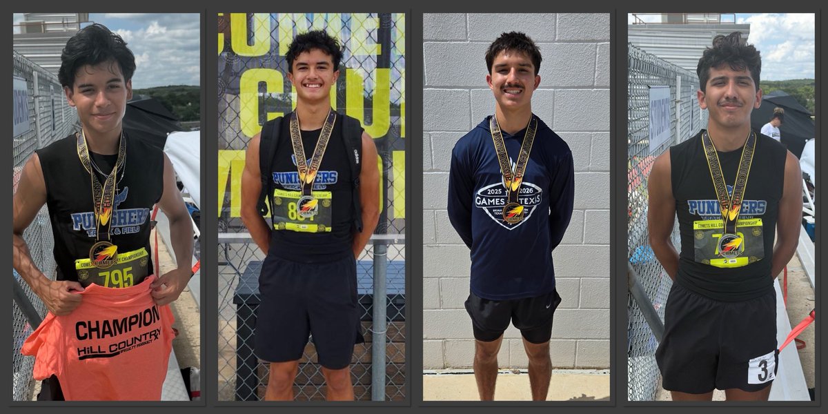 texas_field's tweet photo. Punishers competed at the Hill Country Championships (Boerne, TX) and  finished with 13 Top 8s &amp; 6 medals: Golds to Joseph Gavril (15/16-800M), Matt Castillo (400H) &amp; Mike Castillo (17/18-800). Silver/Bronze to Mike Lawrence (LJ), Mykah Jaimes (110H) &amp; Allen Jorgensen (400M). https://t.co/eO68bbV9oM
