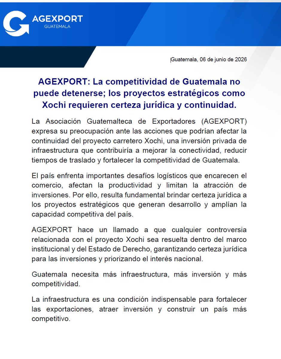 AGEXPORTGT's tweet photo. Guatemala necesita más infraestructura, más inversión y más competitividad.

Los proyectos estratégicos que fortalecen la conectividad, reducen costos logísticos y generan desarrollo requieren certeza jurídica, continuidad y respeto al Estado de Derecho. https://t.co/fF0L7aaQI0