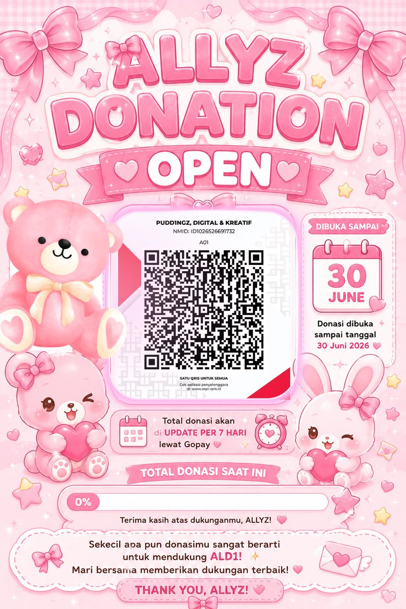 Pudding_ALD1's tweet photo. 📢 KMA DONATION OPEN🏆

Selangkah lagi menuju kemenangan, ALLYZ! 💙

Untuk menghindari kendala pencairan dana dan memastikan ketersediaan seller, donasi akan dibuka lebih awal.

🎯 Target Donasi: Rp7.000.000

🗓️ Periode Donasi
• Berakhir: 30 Juni
• Update progres donasi: setiap 7 hari sekali
• Reply proof dibawah

Target kali ini cukup besar karena fandom lawan juga telah mempersiapkan donasi dalam jumlah yang signifikan. jika target donasi tercapai sebelum 30 Juni, donasi akan ditutup lebih awal agar dana dapat segera digunakan untuk melakukan booking seller dan menghindari kehabisan stok, mengingat beberapa fandom besar akan melakukan comeback bulan ini.