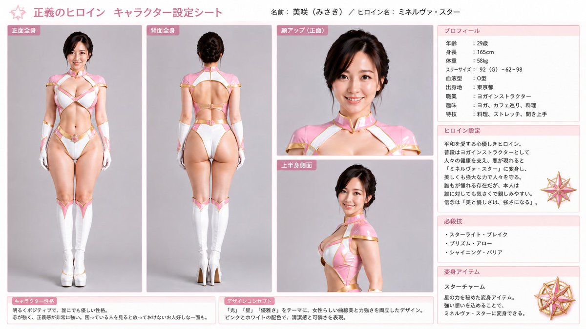 heroine_911's tweet photo. ヒロイン設定シート①
名前：美咲（みさき）／ヒロイン名：ミネルヴァ・スター
#ヒロイン
#変身ヒロイン
#特撮ヒロイン
#コスチューム
#AI美女
#悪堕ち
#ダークヒロイン
#ヒロインピンチ https://t.co/OongSvrNgo