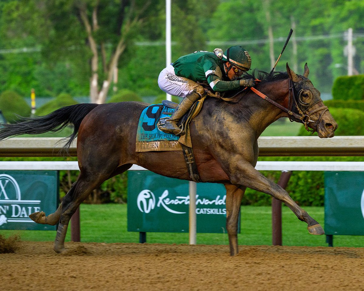 BH_AEberhardt's tweet photo. #GoldenTicket ππGolden Tempo with @jose93_ortiz wins the @BelmontStakes at Saratoga for Β breeder/owner Phipps Stable and St. Elias Stable and trainer @reredevaux. By Curlin standing at @HillnDaleFarm, the 3yo colt makes it a @KentuckyDerby @BelmontStakes double π₯π₯π₯π https://t.co/Eymfrhk2vm