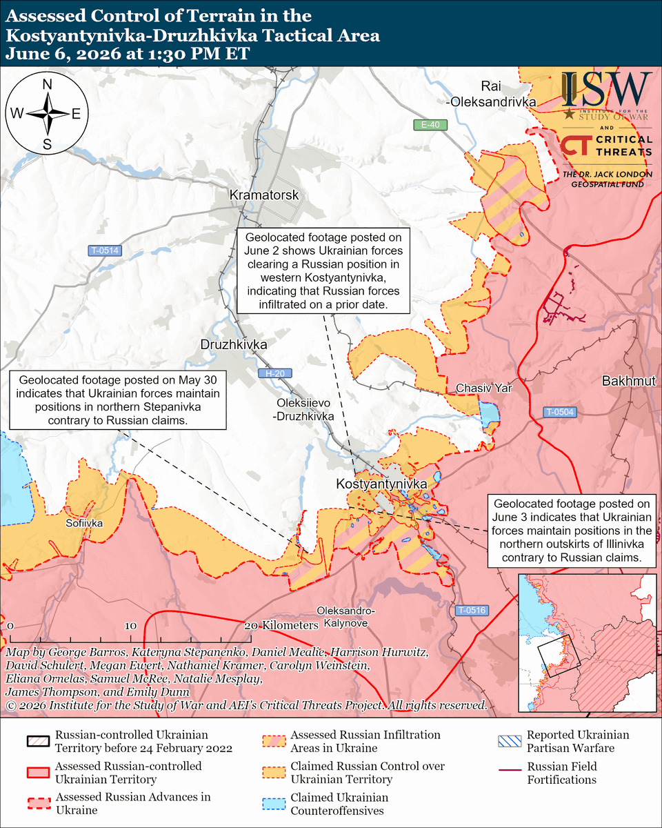 TheStudyofWar's tweet photo. NEW: Different sources continue to conclude that the Russian military’s performance is declining, despite utilizing differing mapping methodologies to visualize the battlefield situation. (1/2)

Other Key Takeaways: 

Ukrainian forces conducted a second series of strikes against St. Petersburg as the St. Petersburg International Economic Forum (SPIEF) closed on June 6, demonstrating again that Russia cannot reliably defend its major cities from Ukrainian strikes even during prominent international events.

Ukrainian strikes against St. Petersburg undermine Kremlin efforts to use SPIEF to project stability within Russia domestically and to international audiences.  

Ongoing gasoline shortages in occupied Ukraine are creating long lines on the Kerch Bridge and at gas stations in nearby Russian territories.

Fuel shortages continue to spread throughout Russia as well and will likely worsen as high summertime demand continues.

Ukraine’s mid-range strike campaign against major Russian ground lines of communication (GLOCs) in occupied Ukraine continues to disrupt vehicle movement.

Kremlin officials continue to reject any negotiated settlement that fails to address its fabricated “root causes” of the war in Ukraine.  

Ukrainian forces recently advanced in the Kostyantynivka direction. Russian forces recently advanced in the Slovyansk and Pokrovsk directions.

Ukrainian forces struck Russian oil infrastructure in Krasnodar Krai and Russian military assets in Russian border regions on June 6. Russian forces launched 272 drones against Ukraine overnight.