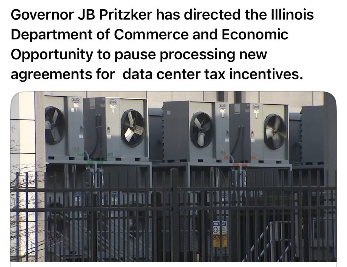 amuse's tweet photo. DOOMERS: Illinois is joining the Chinese-backed anti-data center movement by pausing standard delevelopment tax incentives for data center projects. More for Texas! https://t.co/P7U4XJRl6T