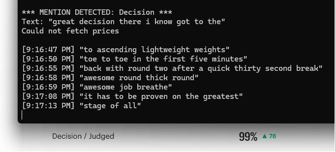 Jprz1321's tweet photo. system did pretty well on a live UFC fight. 7 total mentions, most of them were "Decision"

https://t.co/1DPlm7gvtN https://t.co/18Nve4Eo97