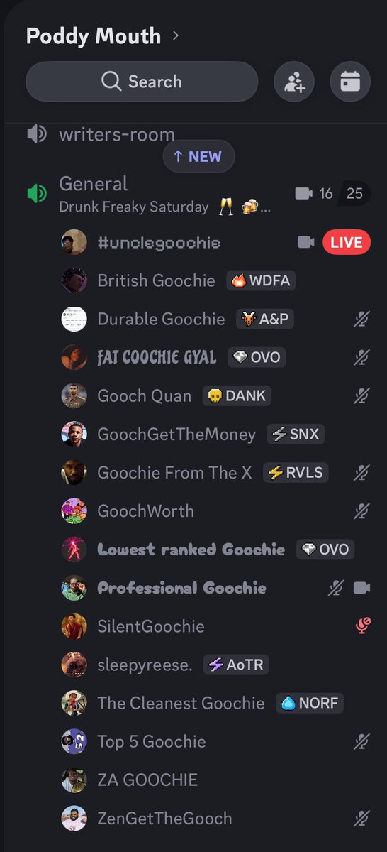oldfatdom's tweet photo. >drunk freaky saturday 
>stacked VC
>different variations of “gooch” names 

poddy mouth discord everybody https://t.co/wUmcGHVtca