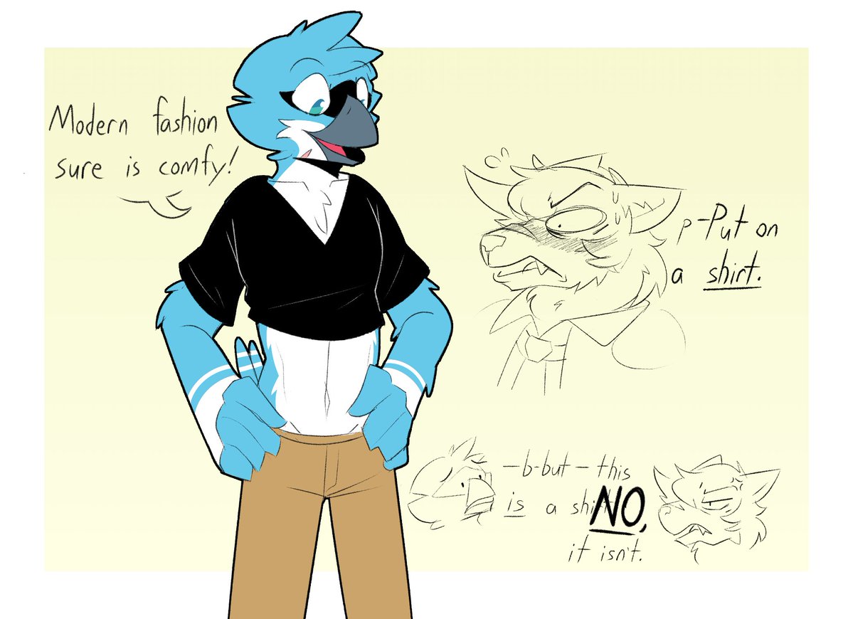 Zixzs321's tweet photo. in honor of pride month have a picture of theodore in a slutty crop top because historical accuracy < exposed bird abdomen 
#furry https://t.co/Hw9rMp8dCR