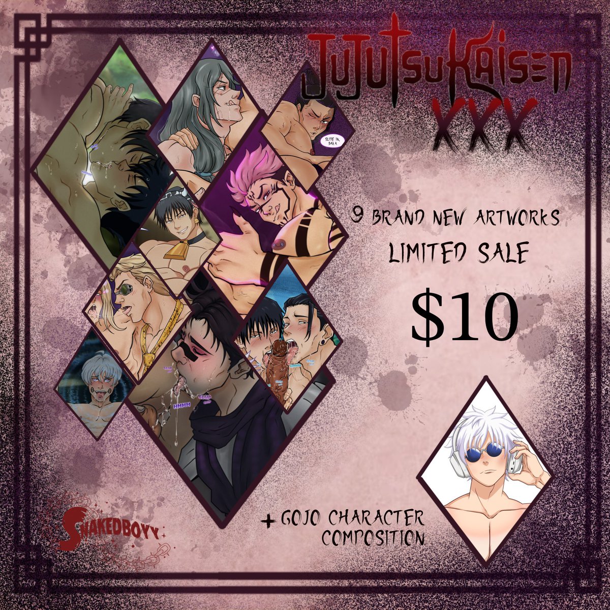 Snakedboyy's tweet photo. JJK Artpack is now available 🚨🔥🔥

BRAND NEW artpack of Jujutsu Kaisen😈

10 new artworks, ONLY FOR $10 don’t miss it! 

Link in bio 

#gay #nsfw #yaoi #jjk #jujutsukaisen #bara #anime https://t.co/DQ1Hq12fMq