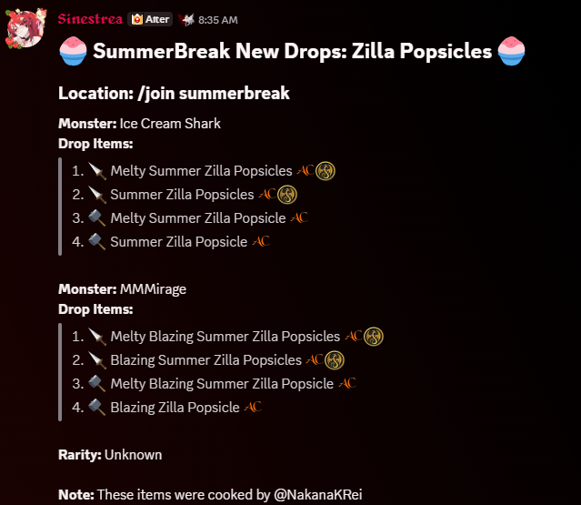 Datenshi6699's tweet photo. 🍧SummerBreak New Drops: Zilla Popsicles🍧

/join summerbreak then bonk MMMirage &amp; Ice Cream Shark.
Get total 8 NEW Zilla Popsicles cooked by @NakanaKRei.

* They're AC TAGGED
* As for now rarity is UNKNOWN

Happy Summer ^^ https://t.co/VSOcPaVtGc