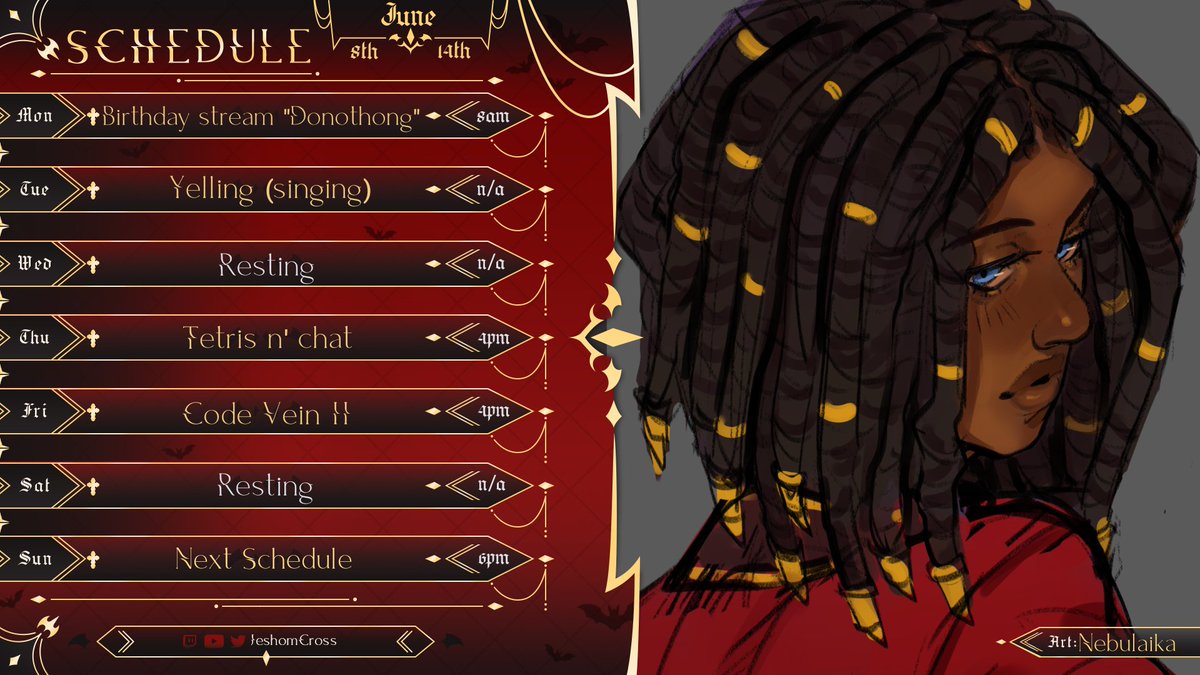 JeshomCross's tweet photo. MY BIRTHDAY WEEK SCHEDULE, MY BIRTHDAY WEEK SCHEDULE, OH YEAH! MY BIRTHDAY WEEK! 

#ENVtubers #Vtuber

(New schedule art by: Nebulaika) https://t.co/jv6HekjXtn