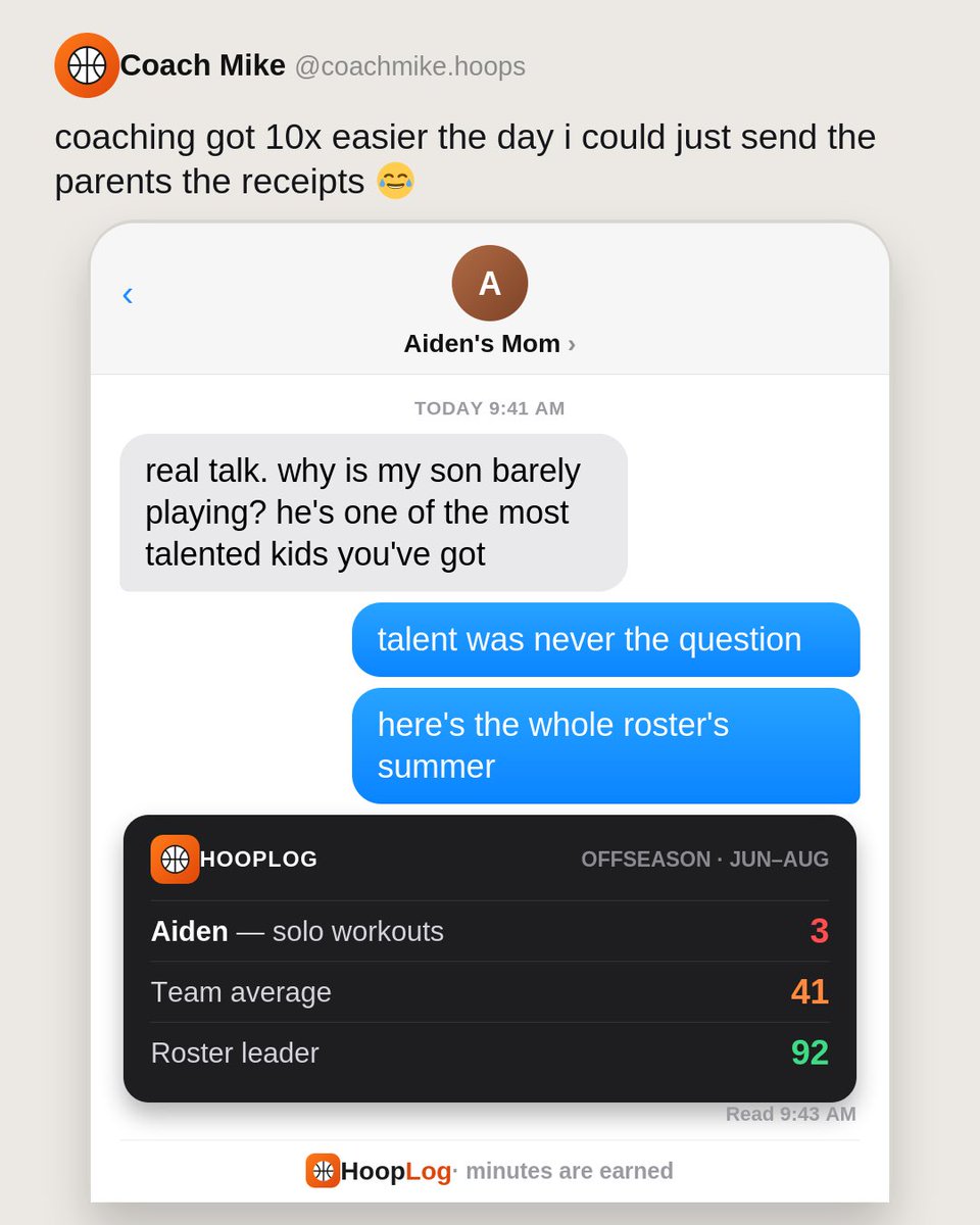cpt_efficiency's tweet photo. Talent gets you on the team. 

What you do when nobody’s watching gets you minutes. 

Parents text me about playing time — I text back the offseason log https://t.co/EOAVSzYkrD