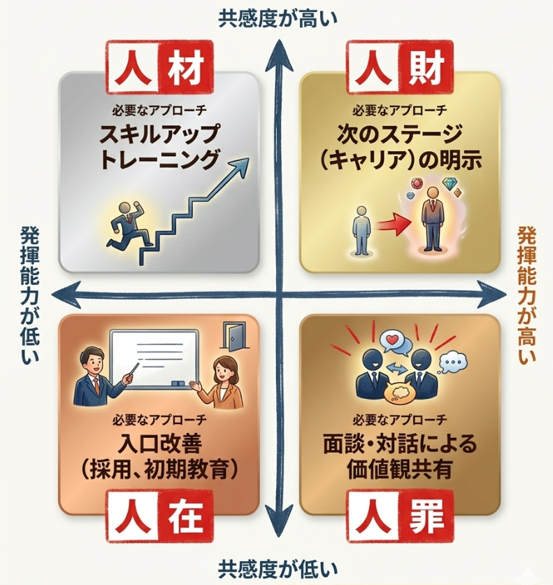 ta_90's tweet photo. よくある人財マトリックス。
AIによって発揮能力よりも共感度や倫理感・価値観がますます重要になる。

ブリリアントジャークを放置しないために不可欠なこと。

①兆候や傾向を知る
②見抜く
③そもそもバスに乗せない
④バスから降りてもらう

書籍を予約したので①②を実践する。 https://t.co/lRgPbaxqR2