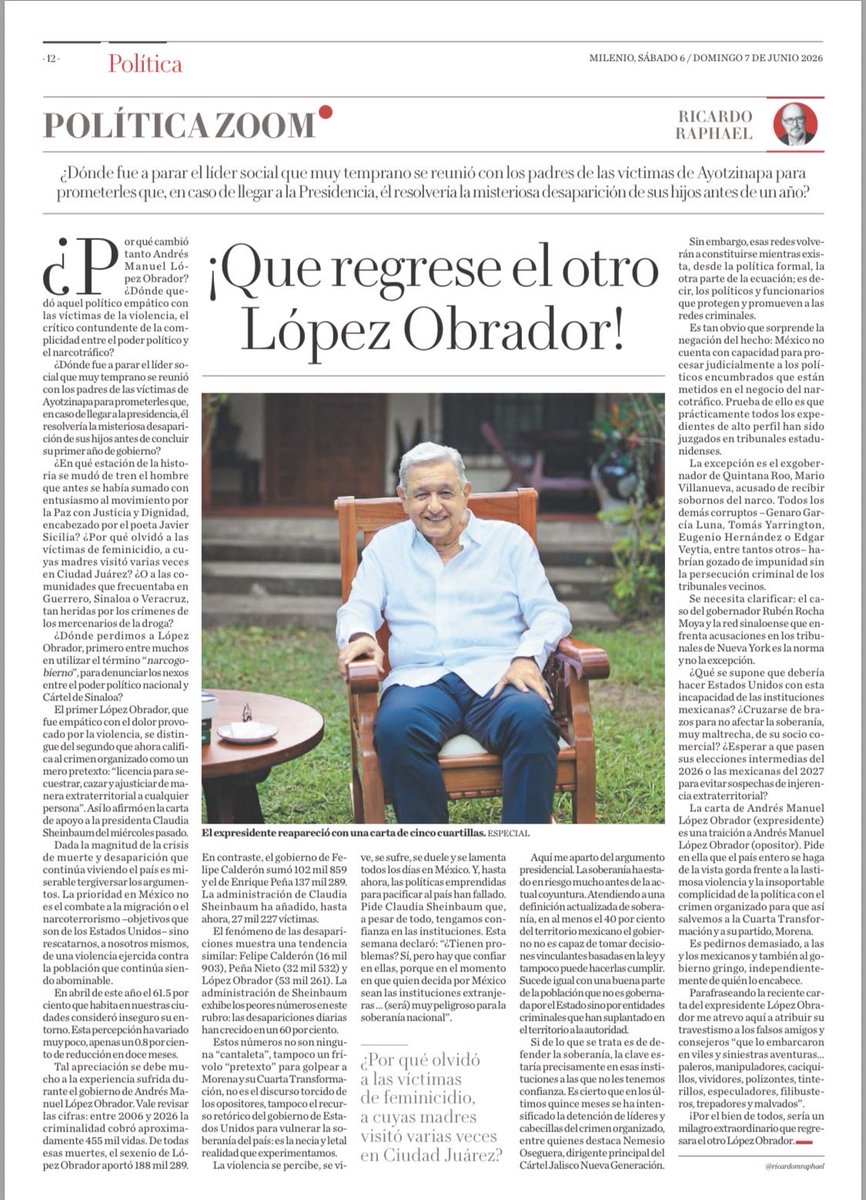Arouet_V's tweet photo. .@ricardomraphael cree que hubo un @lopezobrador_ bueno y ahora hay uno malo. Claro, esa es una forma de expiar su monumental error de haber apoyado a este criminal con alma de tirano. AMLO siempre ha sido el mismo, un ser enfermo de poder y trascendencia de gloria. Quienes han cambiado fueron sus aduladores, porque fueron ingenuos o porque ahora ya nos reditua apoyar a un criminal.